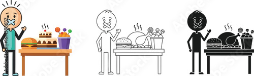 Cartoon man with mouth taped shut in front of unhealthy food temptation diet restriction concept