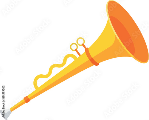 A cartoon illustration of a golden bugle with a white mouthpiece on a white background