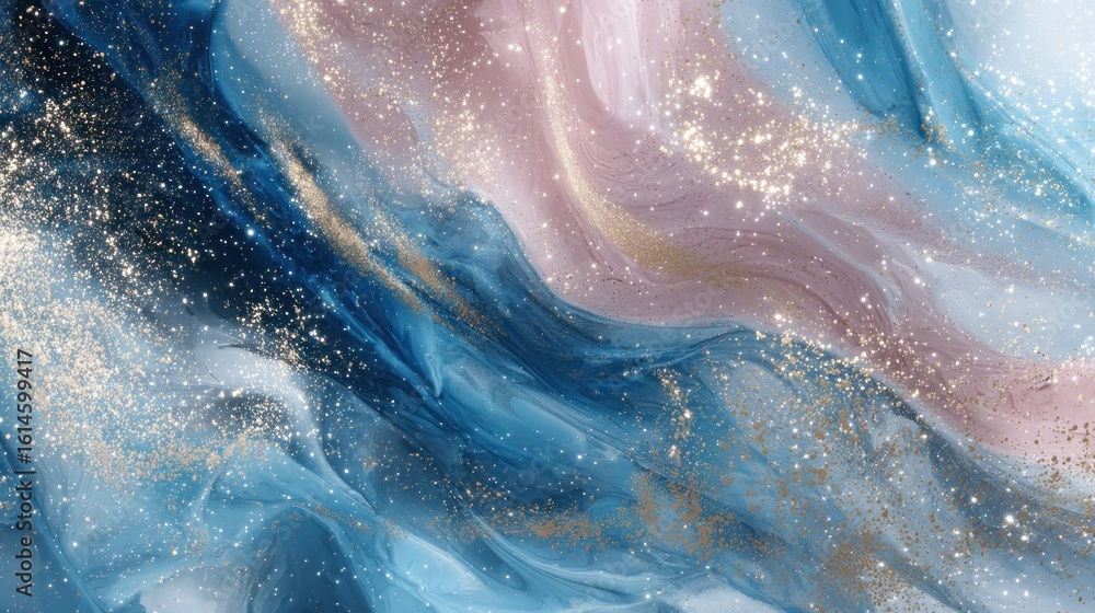 Fototapeta premium Dreamy Fluid Art with Golden Glitter Accents, Featuring Swirling Blue and Pink Hues, Evoking a Sense of Calm and Luxury