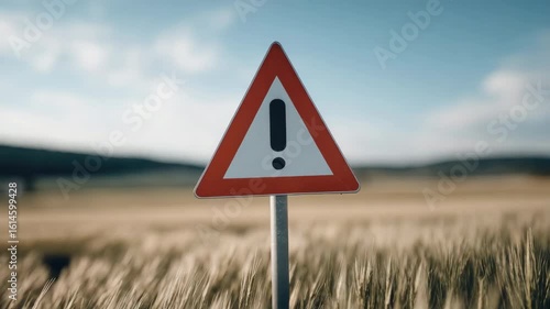 Warning sign in field under blue sky with hills and clouds visible
