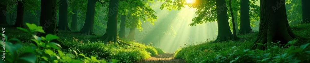 Fototapeta premium Deep green forest, early morning light filters through dense foliage, dense, undergrowth