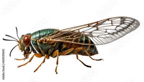 A cicada perched in side view, broad wings tucked. The body and limbs cast directional shadows downward and back, with soft edge falloff, transparent PNG cutout.
