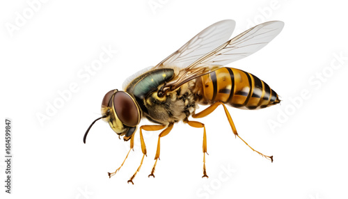A hoverfly in suspended motion, golden striped body hovering with wings vibrating in rapid semi-transparent motion. Legs tucked under thorax, clean transparent PNG.

