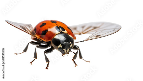 A ladybug captured in takeoff, elytra spread apart revealing thin beating wings in semi-blur. Suspended in air with shadow beneath, high-res on transparent PNG.
