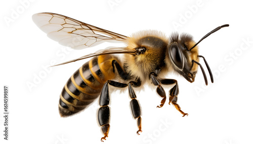 A honeybee in mid-flight, wings caught mid-flutter with semi-transparent blur trails. Legs bent beneath its fuzzy yellow-black striped body, antennae angled forward, isolated on transparent PNG.
