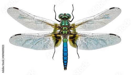 A dragonfly in top-down view, translucent wings extended horizontally with intricate venation. Shimmering blue and green body segments visible, clean cut on transparent PNG background.
