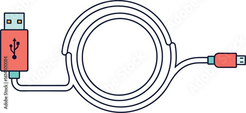 Isolated illustration of a coiled usb cable with standard and micro usb connectors on white