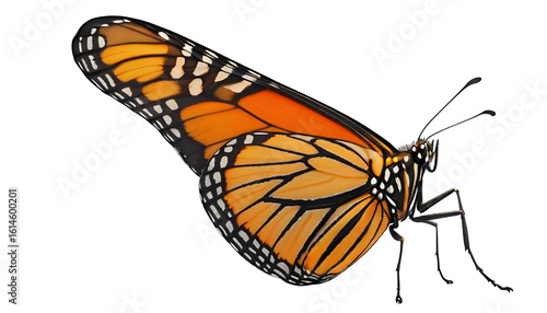 A monarch butterfly in vibrant orange and black, wing veins detailed with realistic contrast and a soft fuzzy body. Side view perspective with open wings, ready for PNG transparent use.
