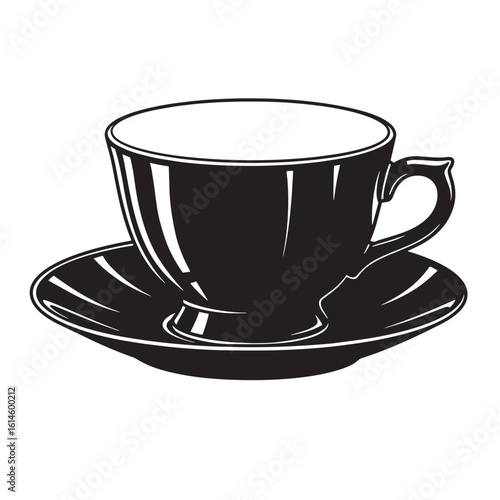 Classic black and white coffee cup and saucer vector illustration on a white background