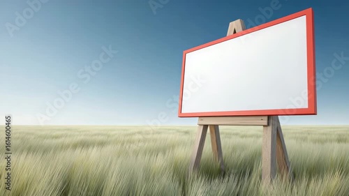 Blank whiteboard with red border on wooden easel in grass field