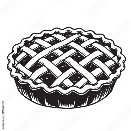 Delicious baked apple pie with lattice crust in detailed vintage hand drawn illustration