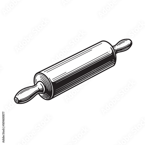 Detailed engraved illustration of a wooden rolling pin isolated on a white background