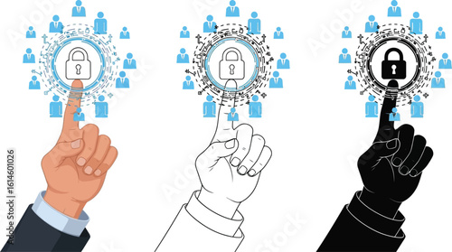 Cybersecurity data protection concept hand touching lock icon for network security system access