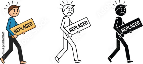 Replaced worker concept illustration showing job loss and unemployment with various styles