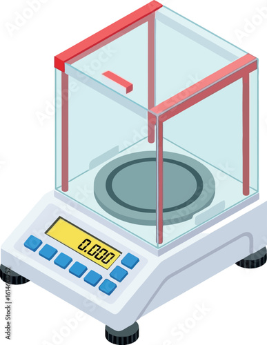 Isometric view of a digital analytical balance with a transparent enclosure and red accents