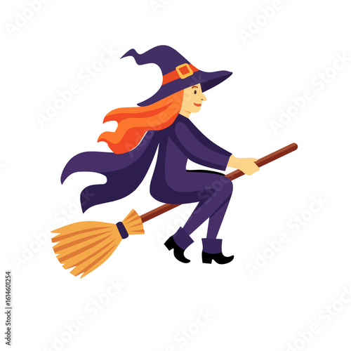 Colorful vector illustration of a cheerful witch flying on a broomstick. Ideal for Halloween decorations, children’s stories, or magical fantasy scenes