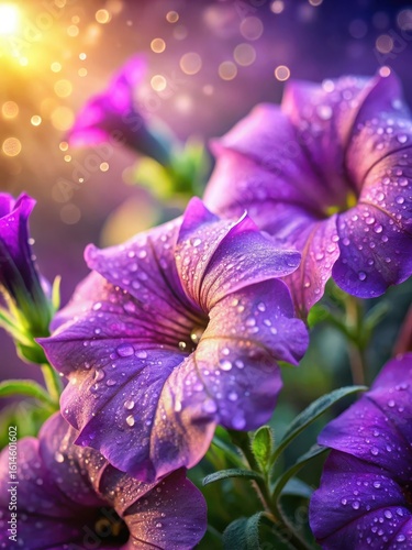 Softly falls the evening dew on Surfinia purple flowers