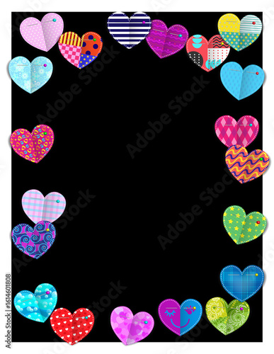 Decorative frame with heart patches on a black background