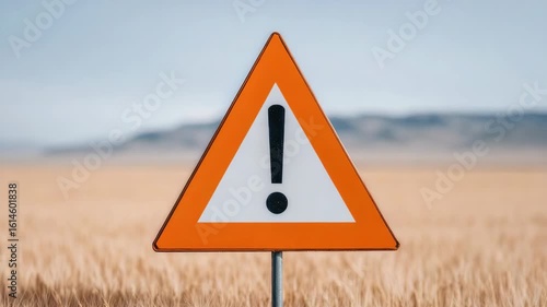 Warning sign with exclamation mark inside triangle dry wheat field