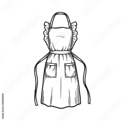 Hand drawn line art illustration of a vintage kitchen apron with pockets and frills