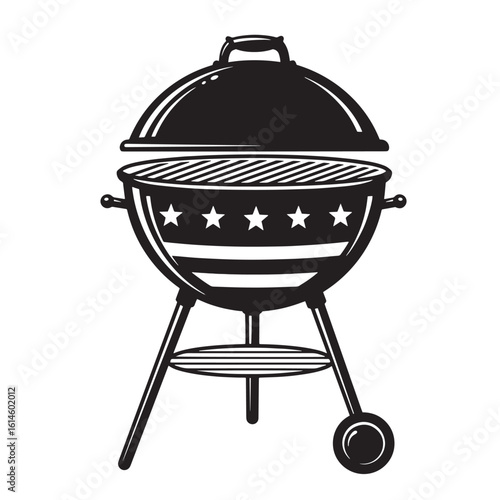Illustrated black and white barbecue grill design with stars and stripes for celebrations