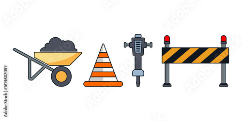 Some collection of carpentry tools such as traffic cones, trolley cart, soil compactor and warning guardrail isolated on white background