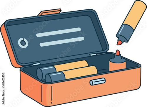A cartoon illustration of an open orange box filled with yellow markers and a red marker cap