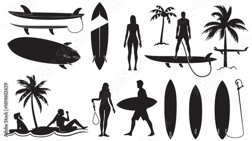Surfing Icons Vector,black silhouettes isolated on white background