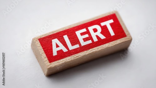 Alert warning sign on wooden block with bold red background text