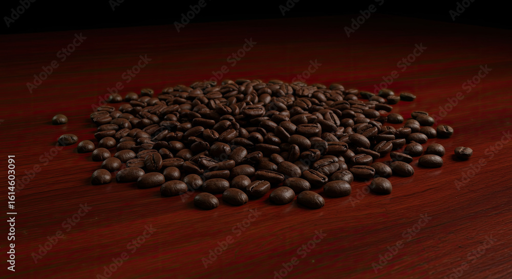 Fototapeta premium Pile of Roasted Coffee Beans on Wooden Surface.