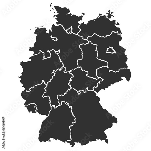 A dark silhouette map of Germany, clearly outlining its federal states with white borders, presented against a plain white background.