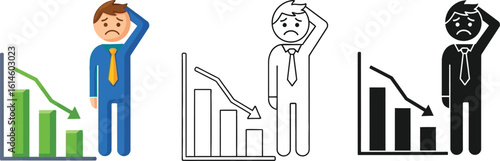 Economic downturn illustration showing business man worried about financial loss and market crash