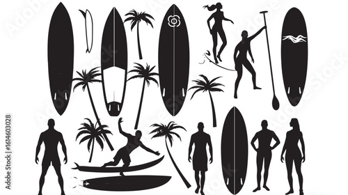 Surfing Icons Vector,black silhouettes isolated on white background