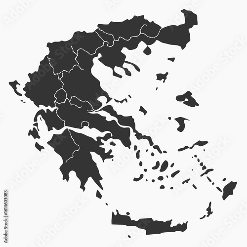 A dark gray silhouette map of Greece, showcasing its mainland and numerous islands, set against a plain white background.
