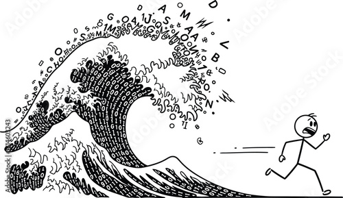 Data wave illustration concept of digital overload and information tsunami with running man