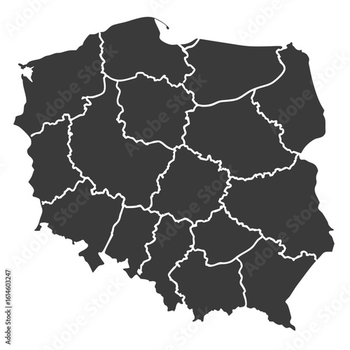 Monochrome silhouette map of Poland, clearly outlining its administrative regions or voivodeships.