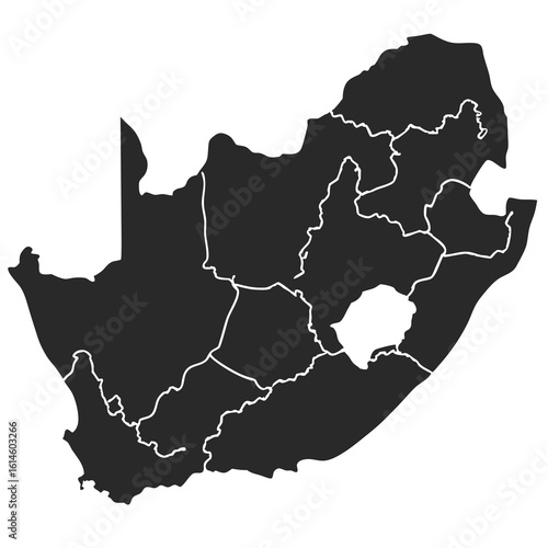 Black and white map of South Africa showing its nine provinces.