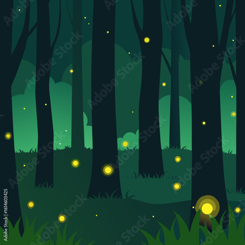 Enchanting forest at night with glowing fireflies