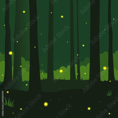 Magical forest at night with glowing fireflies