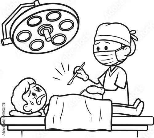 Cartoon surgery illustration: surgical procedure, doctor, patient, operation, healthcare, medical
