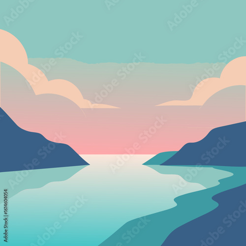 Serene sunset over a calm waterway between mountains