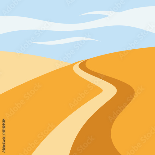 Winding path through golden desert dunes under a pale blue sky