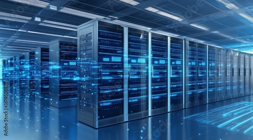Modern Data Center with Rows of Server Racks Emitting Blue Light
