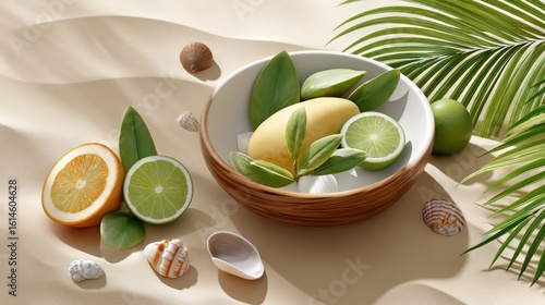 Wallpaper Mural A bright summer tabletop scene featuring a mango sticky rice dessert, placed on a wooden or rattan table on sand, surrounded by tropical props like palm leaves, citrus fruits, and shells, natural Torontodigital.ca