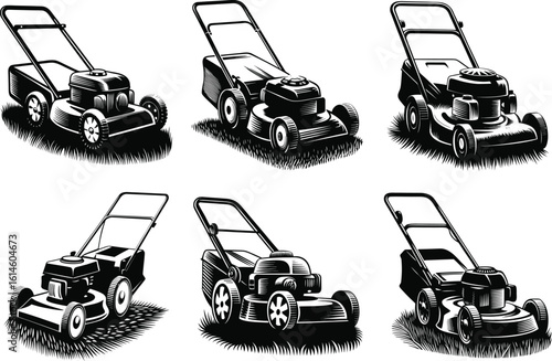 Hand drawn lawn mower illustrations on white background