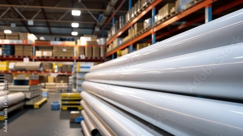 White PVC Pipes Stacked in Warehouse