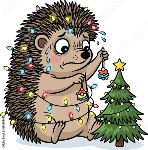 Anxious Hedgehog Tangled in Christmas Lights - Funny Holiday Clipart