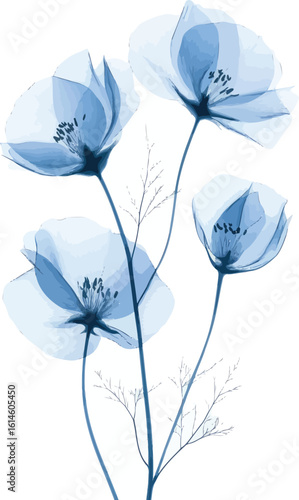 A delicate arrangement of four translucent blue flowers with thin stems on a white background art piece