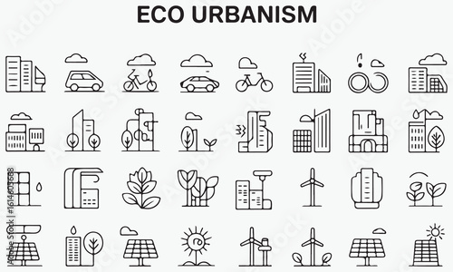 Eco urbanism icons buildings transport nature city