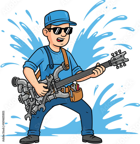 Cool Plumber Playing Guitar Made of Pipes - Funny Music Clipart